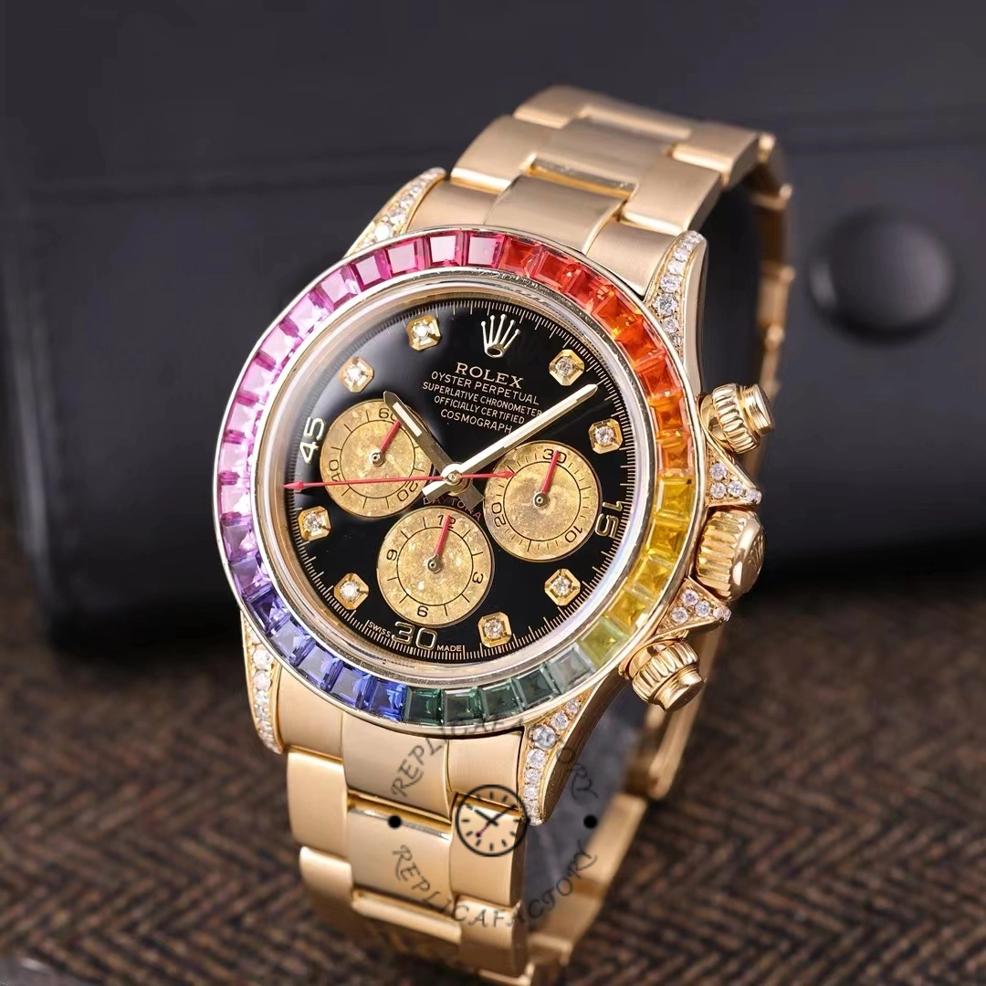 Replica Rolex Daytona 116528 Rainbow Bezel Black Diamond Dial 40mm Mens Watch - QualitySwissReplica