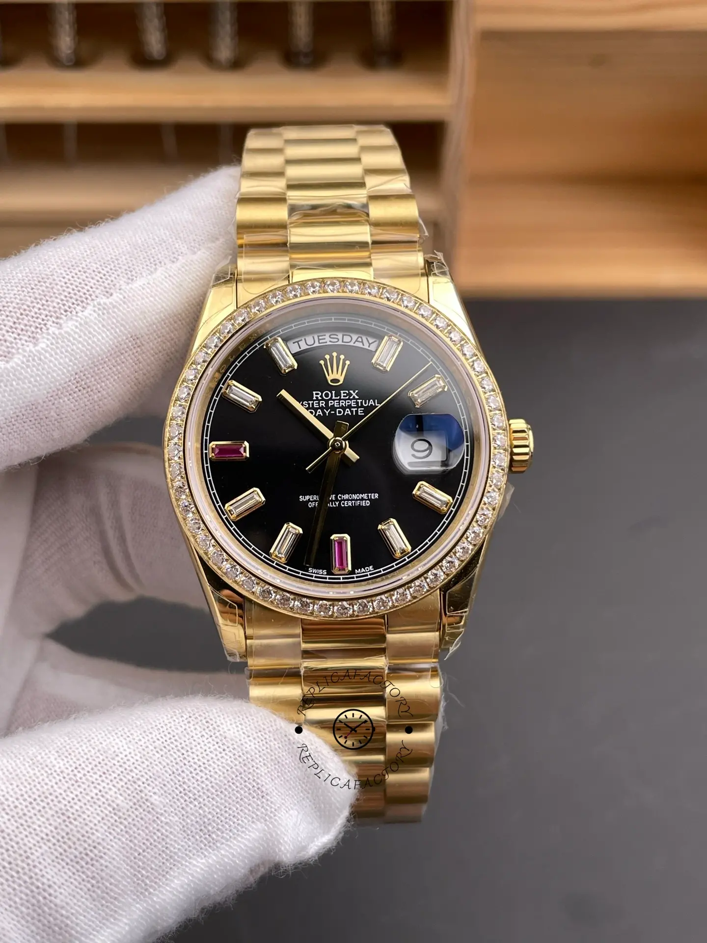 Replica Rolex Day Date 118348 Black Diamond Dial 36mm Unisex Watch - QualitySwissReplica