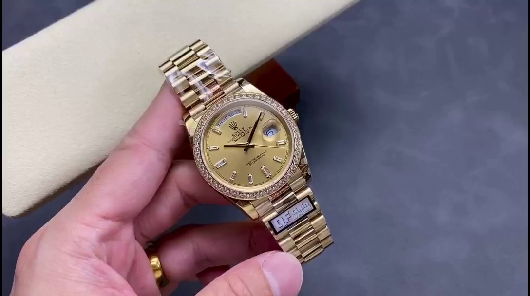Replica Rolex Day-Date 228348RBR Champagne Diamond Dial Diamond Bezel 40mm Mens Watch - QualitySwissReplica