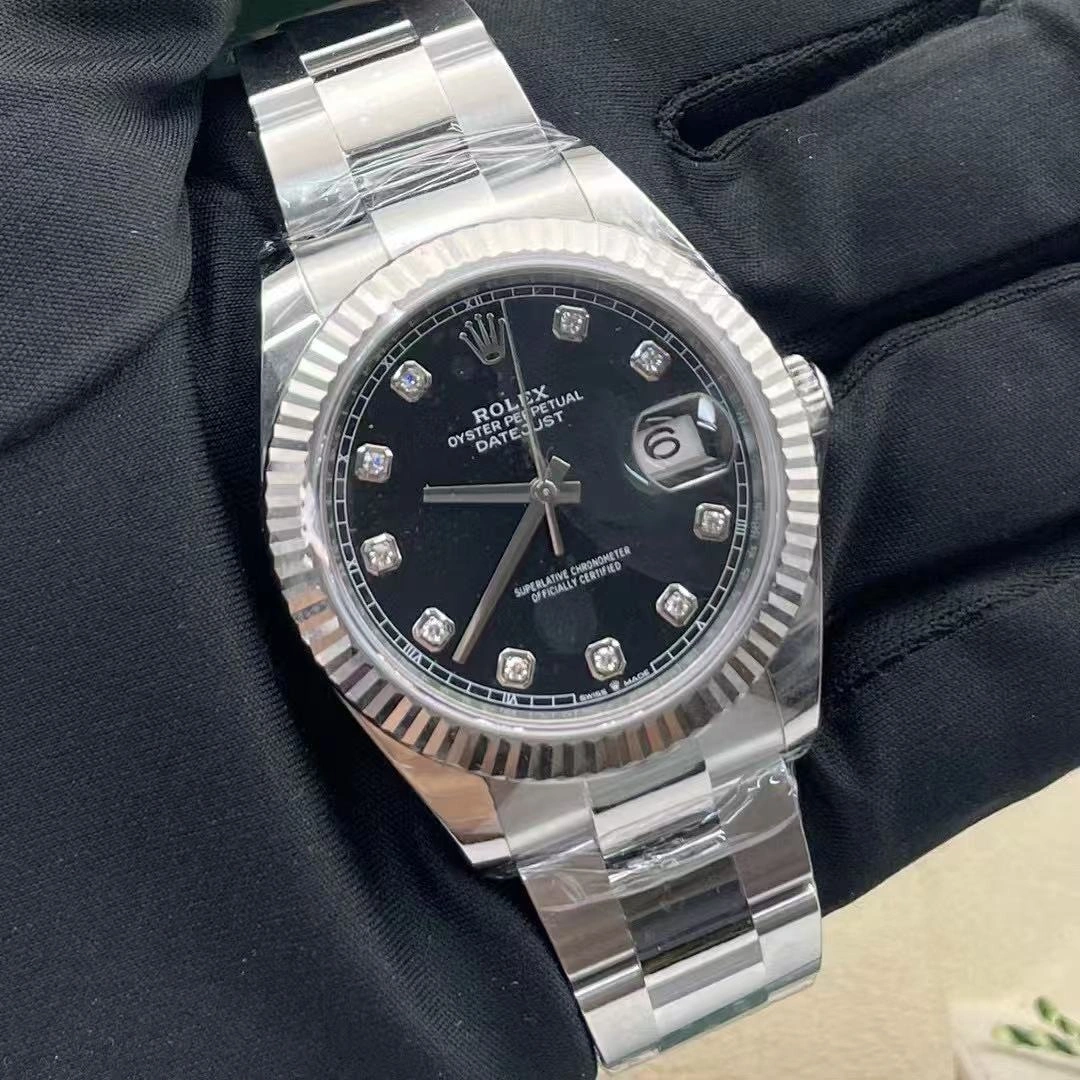 Replica Rolex Datejust 41 Fluted Bezel Black Diamond Dial m126334 0011 Mens Watch - QualitySwissReplica