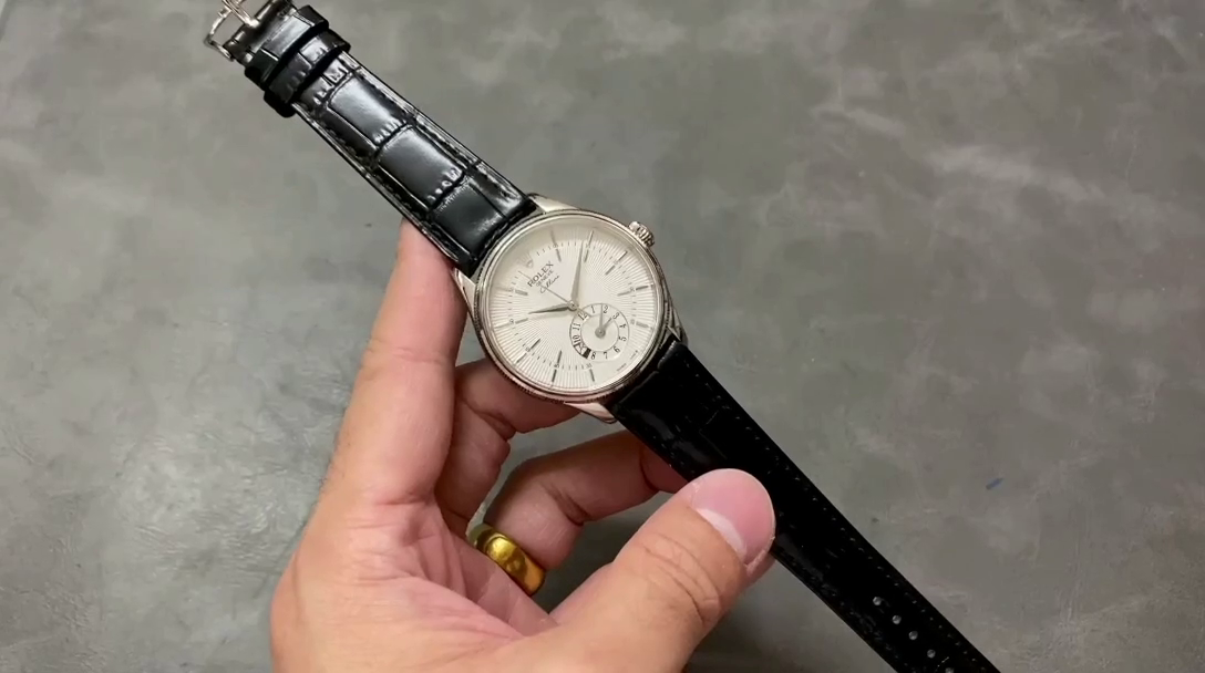 Replica Rolex Cellini Dual Time 50529 Silver Sunburst Dial Black Leather Strap 39mm Mens Watch - QualitySwissReplica