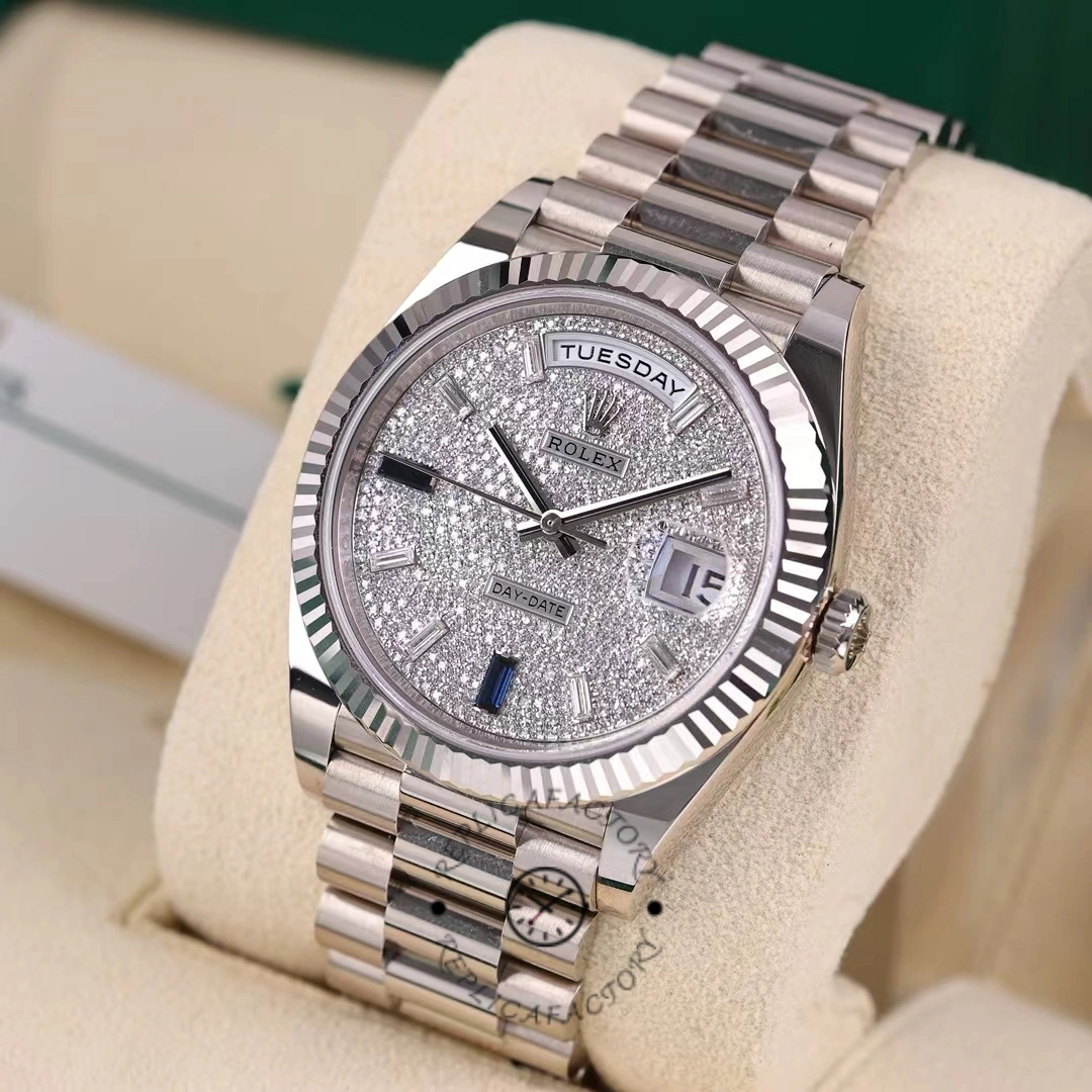 Replica Rolex Day-Date 228239 Diamond Paved Dial Fluted Bezel 40mm Mens Watch - QualitySwissReplica