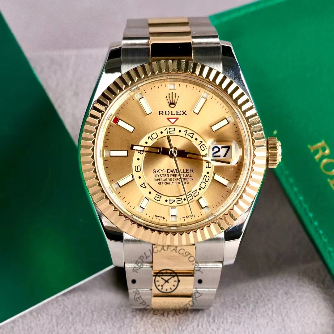 Replica Rolex Sky-Dweller 326933 Champagne Dial Stainless Steel 42MM Mens Watch - QualitySwissReplica