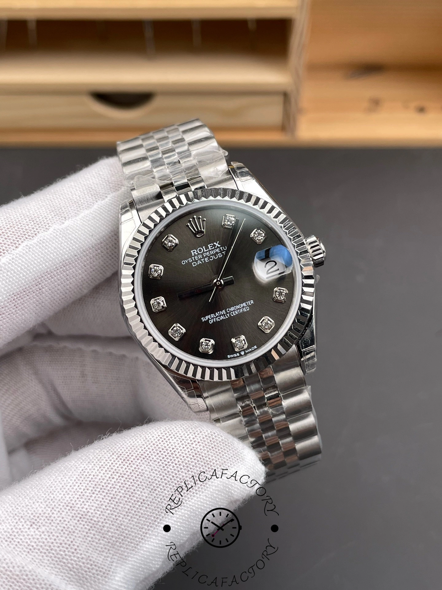 Replica Rolex Datejust m178274 Black Diamond Dial Fluted Bezel 31MM Lady Watch - QualitySwissReplica