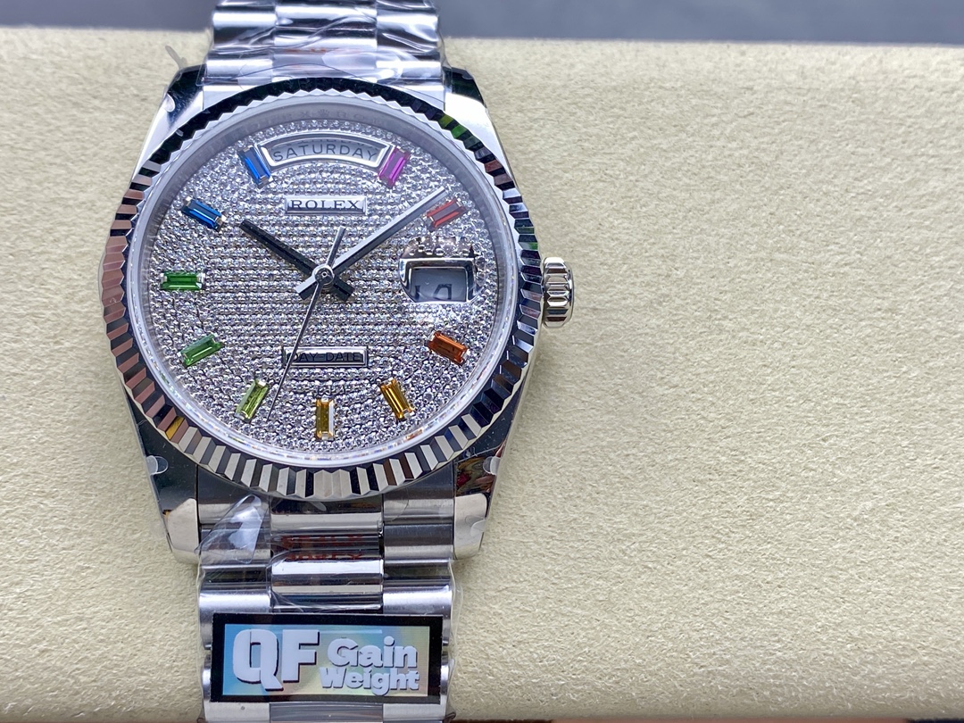 Replica Rolex Day Date 36mm White Gold 128239 0016 Pave Rainbow Diamond Dial - QualitySwissReplica