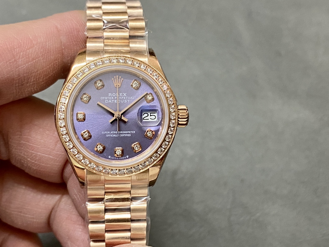 Replica Rolex Datejust 28mm Everose Gold m279135rbr 0020 Aubergine Diamond President Women's Watch - QualitySwissReplica