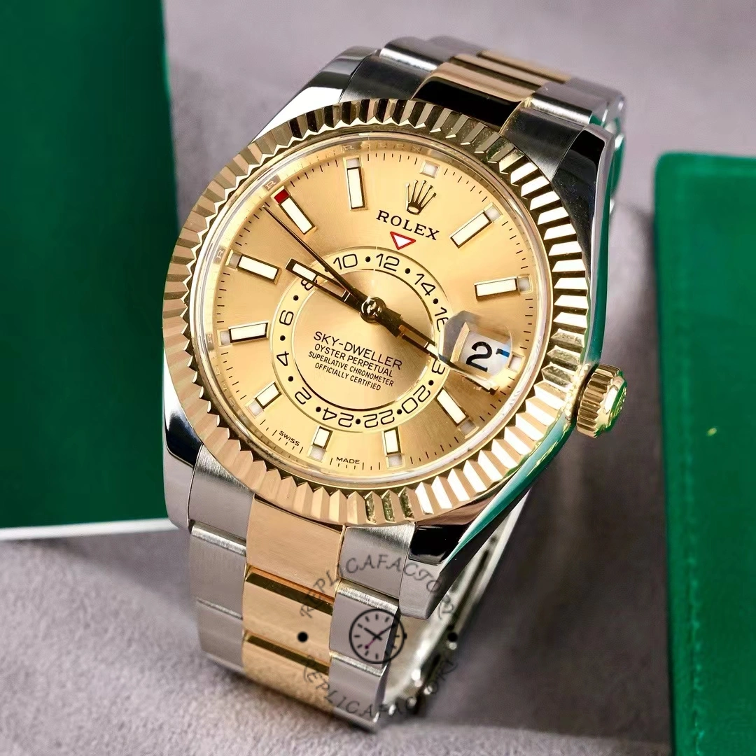 Replica Rolex Sky-Dweller 326933 Champagne Dial Stainless Steel 42MM Mens Watch - QualitySwissReplica