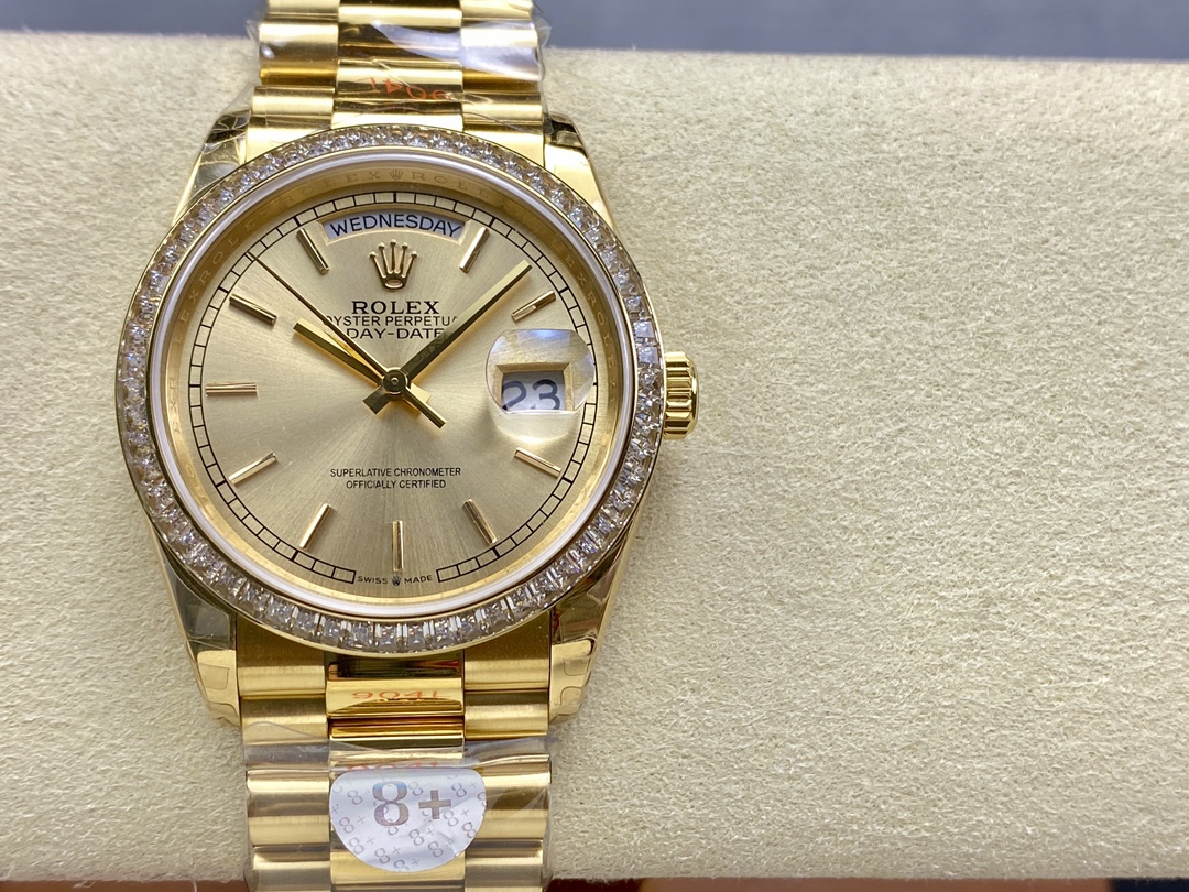Replica Rolex Day Date 36 Yellow Gold Champagne Dial Diamond Bezel m128348rbr 0026 - QualitySwissReplica