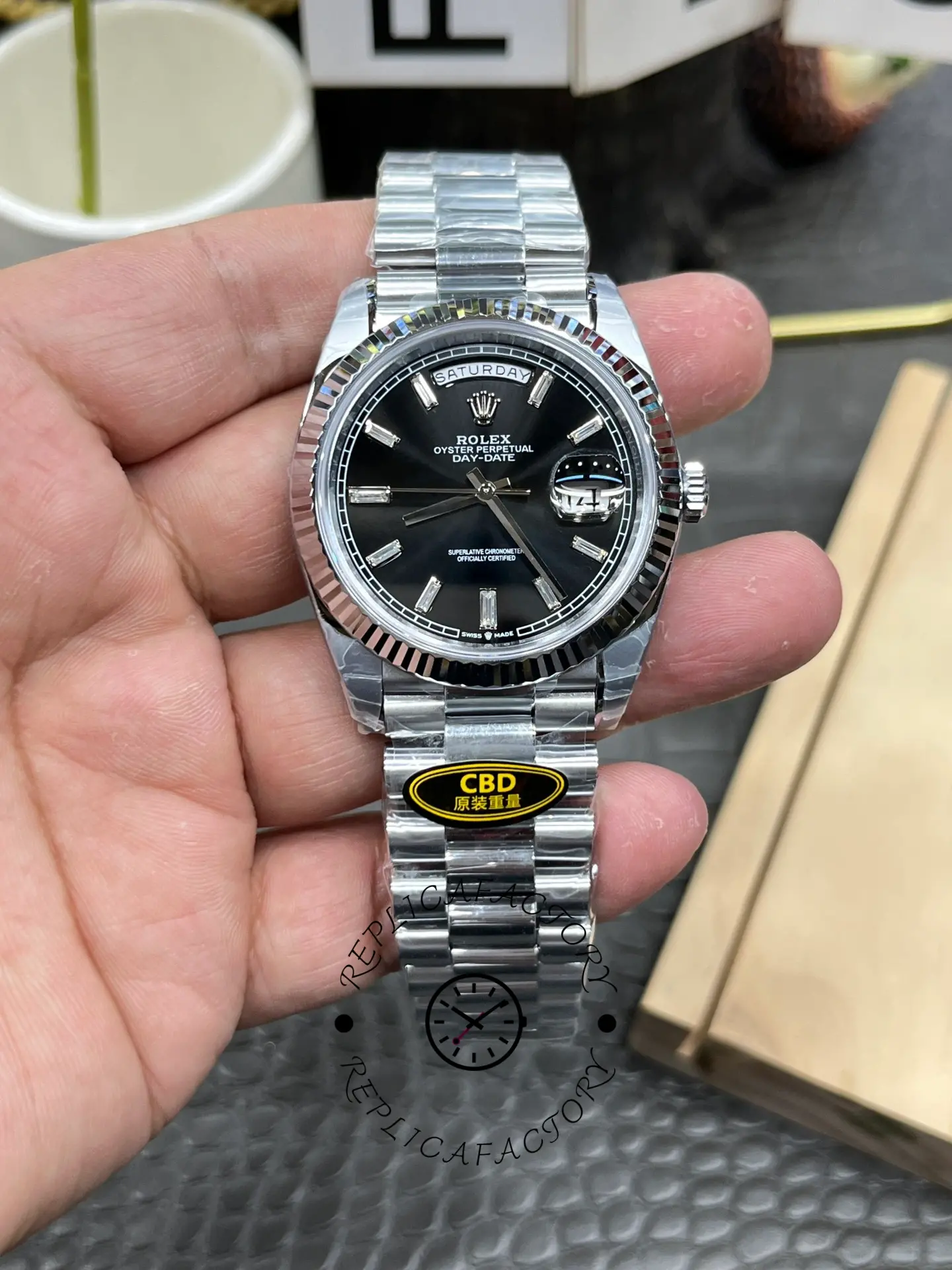 Replica Rolex Day-Date 40mm 228239 0005 Black Diamond Dial Fluted Bezel Mens Watch - QualitySwissReplica