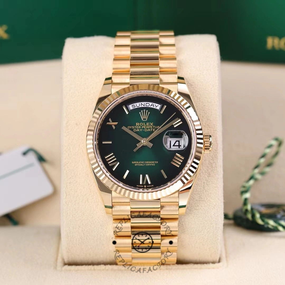 Replica Rolex Day Date 36mm Fluted Bezel Green Ombre Dial President Bracelet m128238 0118 - QualitySwissReplica