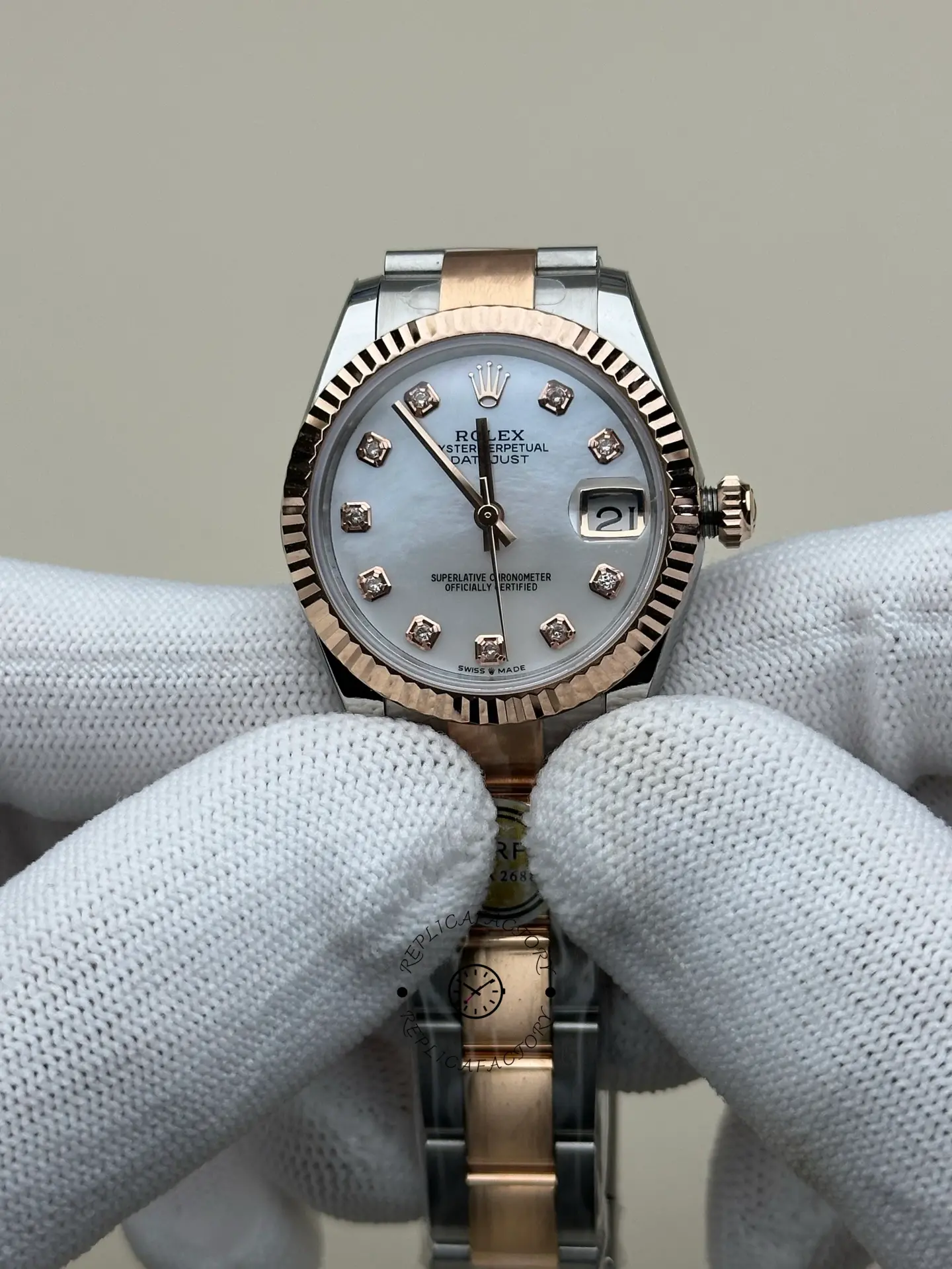 Replica Rolex Datejust 278271-0025 Rose Gold Fluted MOP Diamond Dial - QualitySwissReplica