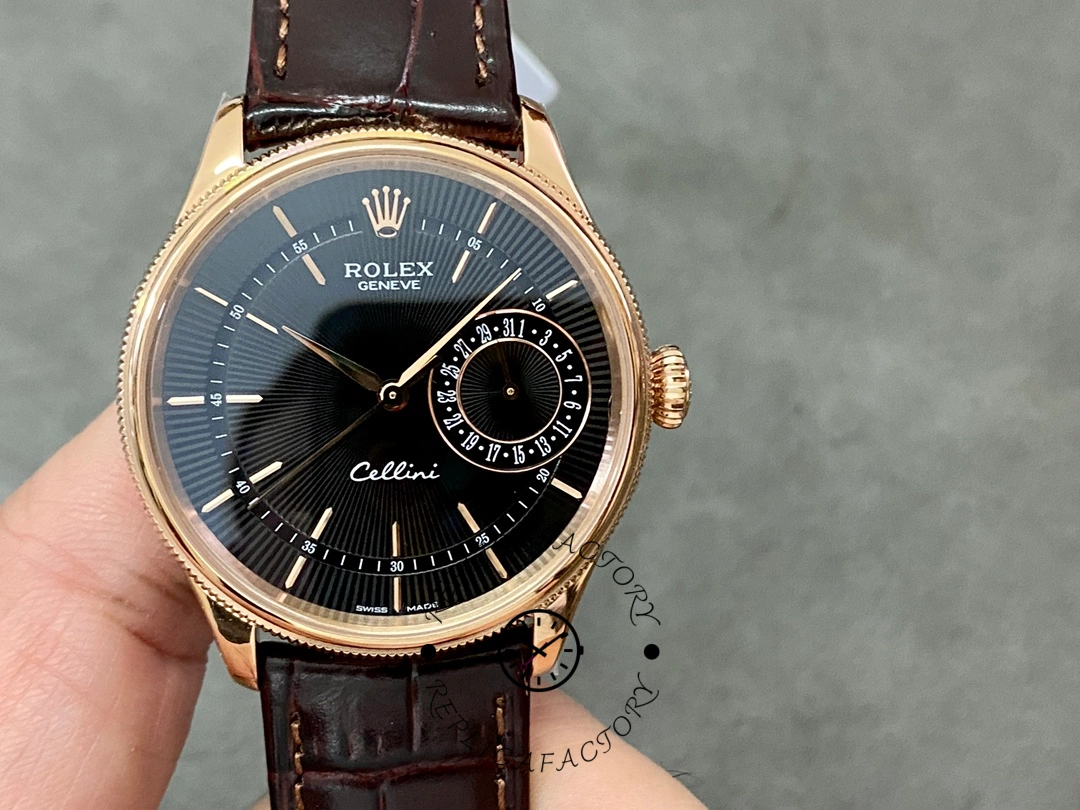 Replica Rolex Cellini Date 50515 Brown Leather Black Index Dial 39mm Mens Watch - QualitySwissReplica