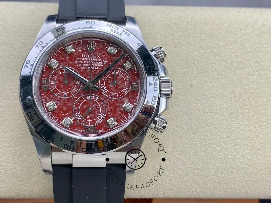 Replica Rolex Cosmograph Daytona 40MM White Gold Rare Rubellite Dial 116509 Rubber Strap - QualitySwissReplica