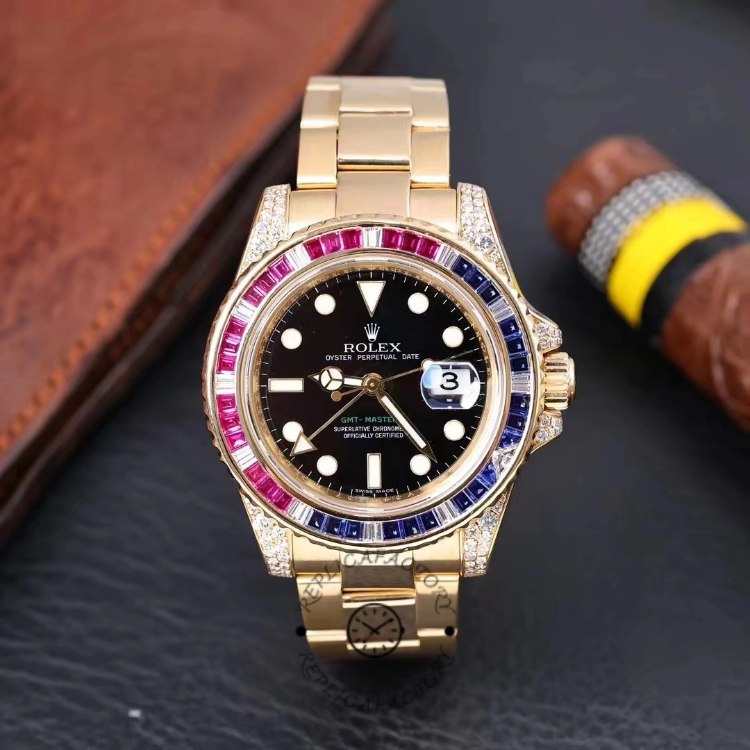 Replica Rolex GMT-Master II 116758 Oyster Bracelet Black Dial Diamonds 40mm Mens Watch - QualitySwissReplica