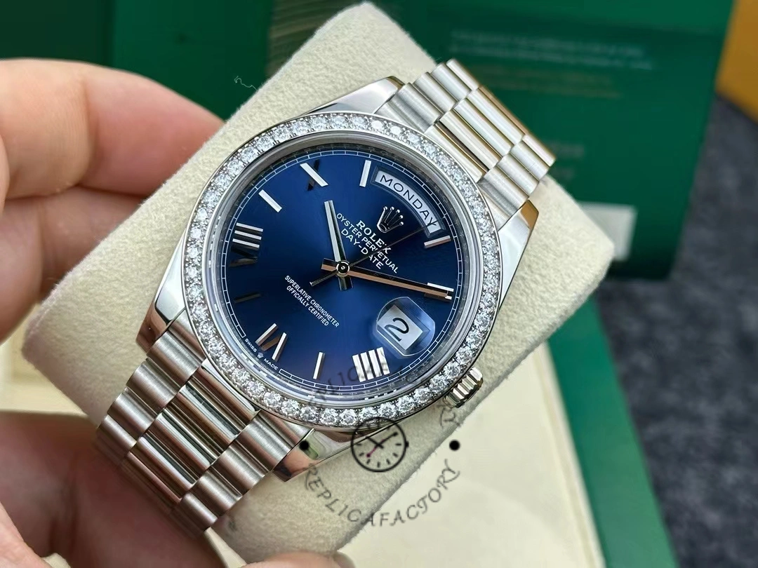 Replica Rolex Day-Date 228349RBR Blue Roman Dial Diamond Bezel 40mm Mens Watch - QualitySwissReplica
