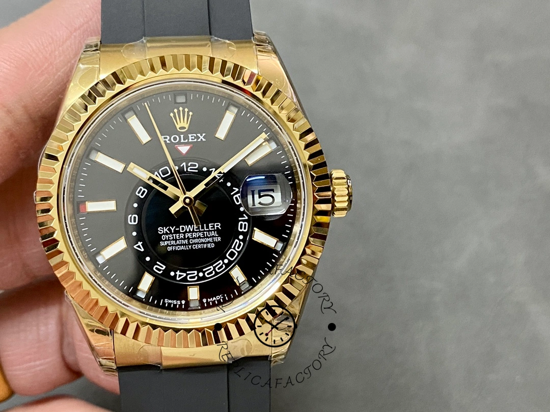 Replica Rolex Sky Dweller m336238 0002 Yellow Gold Black Dial 42mm Mens Watch - QualitySwissReplica