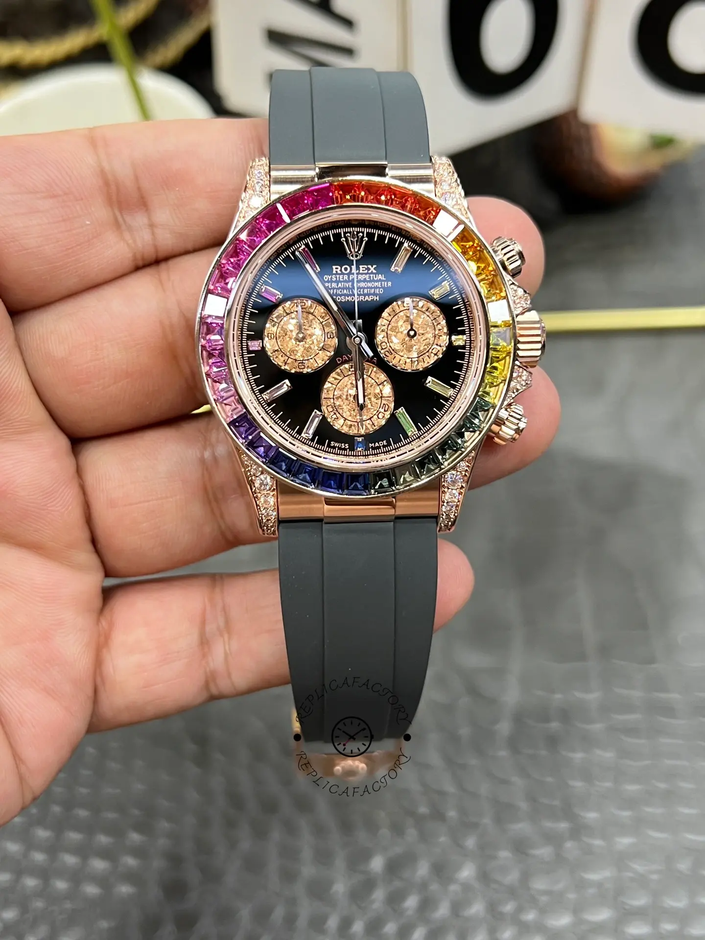 Replica Rolex Daytona 1:1 Clone 116595RBOW Black Dial Rubber Strap - QualitySwissReplica