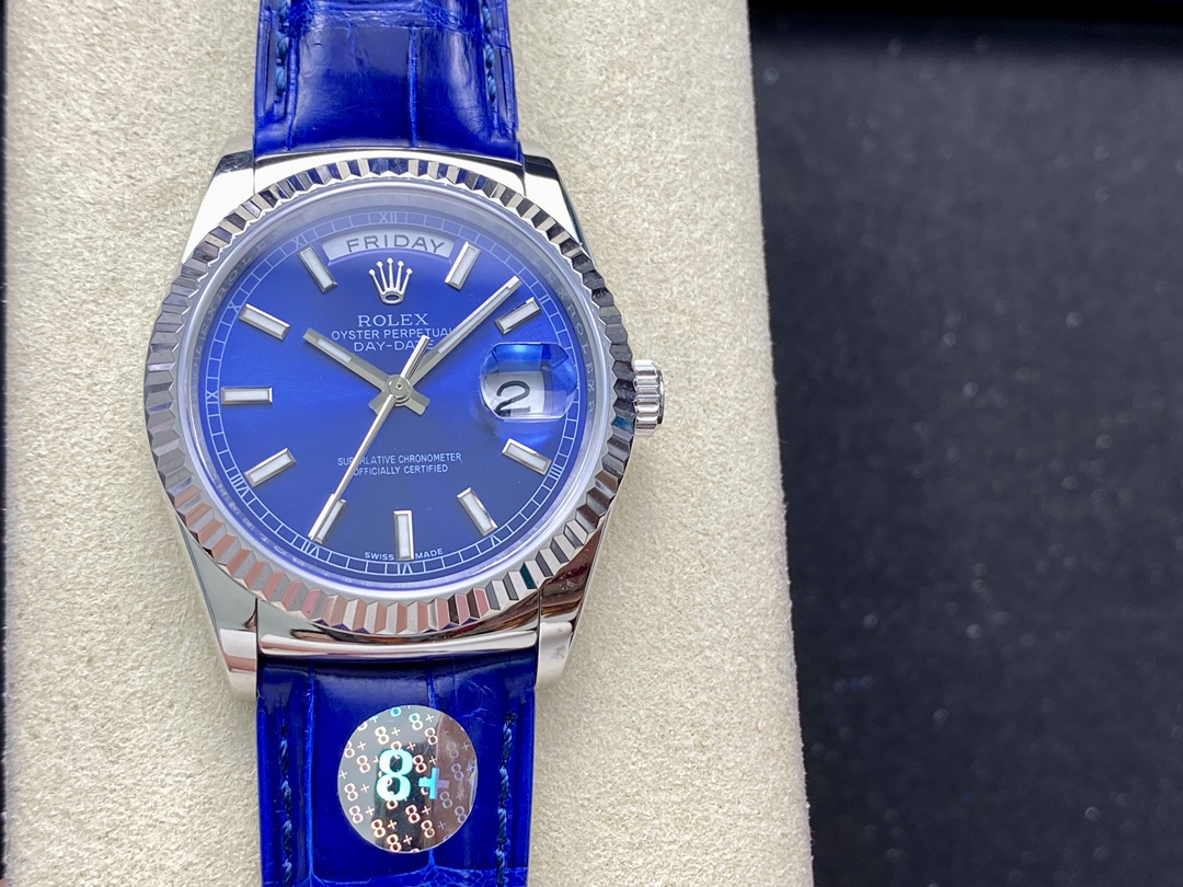 Replica Rolex Day Date 36mm White Gold Fluted Bezel 118139 0004 Blue Index - QualitySwissReplica