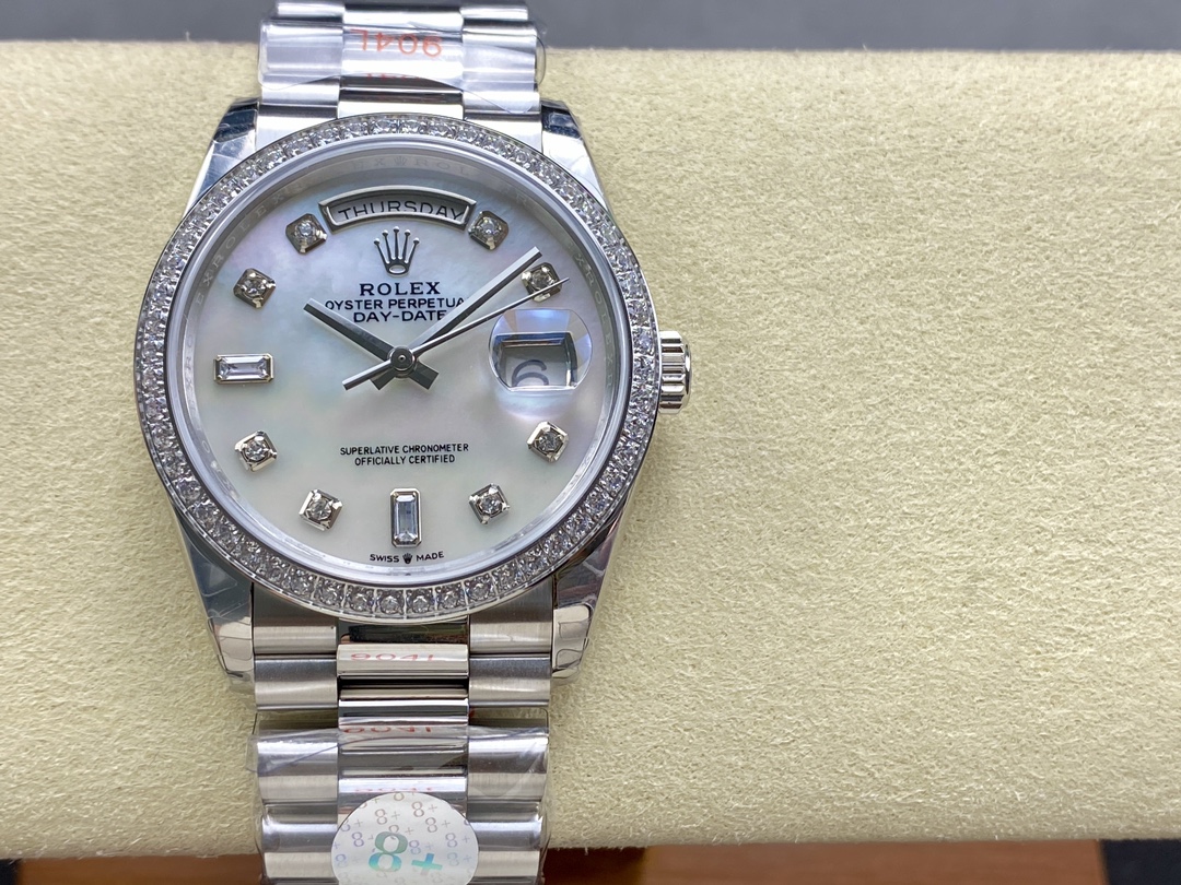 Replica Rolex Day Date 36 Mother of Pearl Dial Diamond Bezel Platinum President m128396tbr 0005 - QualitySwissReplica