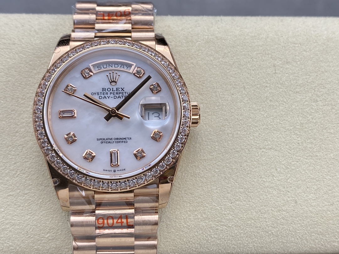 Replica Rolex Day-Date 36MM 128345RBR 0028 Mother of Pearl White Dial Everose Gold Unisex Watch - QualitySwissReplica
