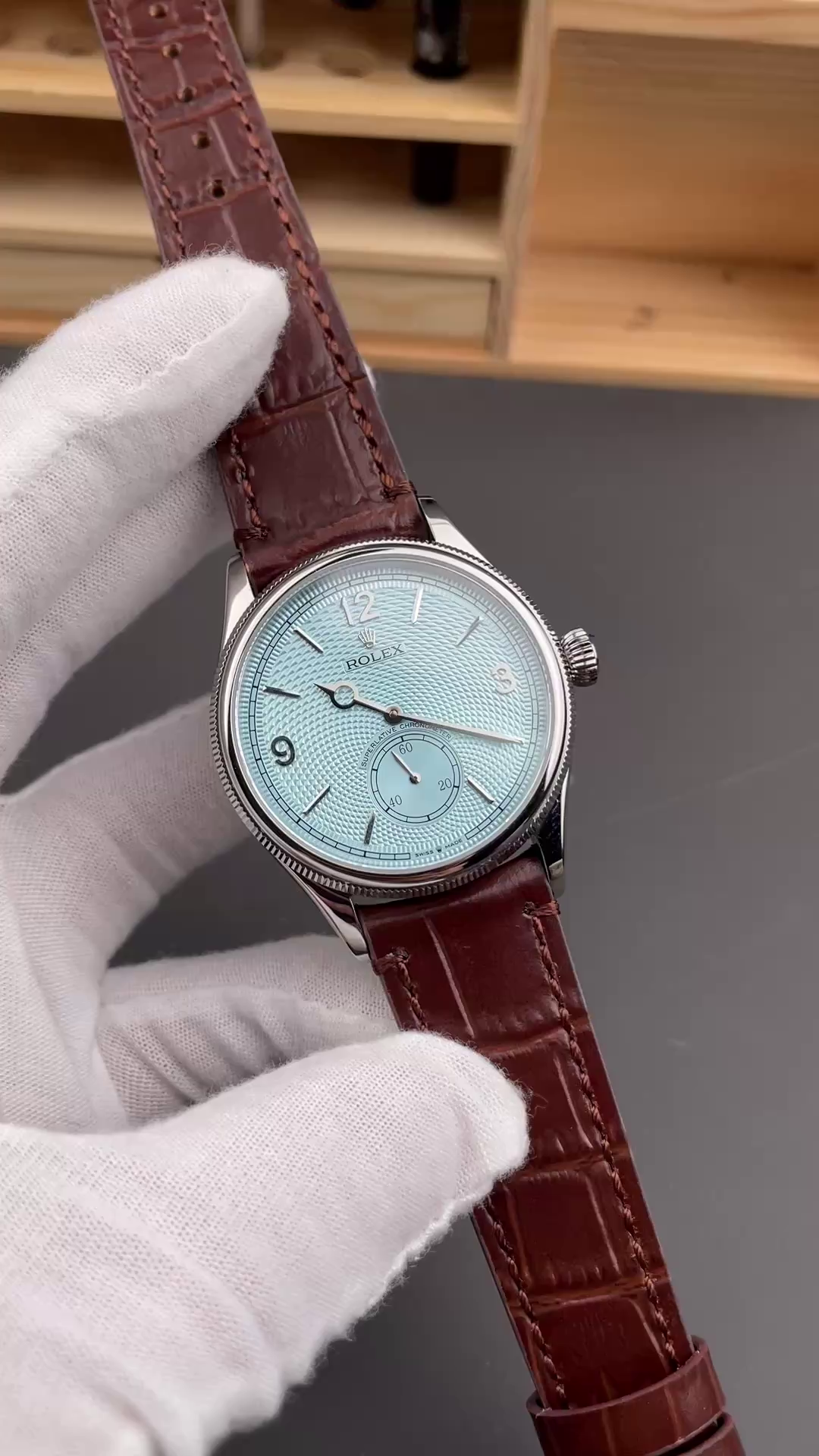 Replica Rolex 1908 52506 0002 Ice Blue Dial Brown Leather Strap 39 mm Watch - QualitySwissReplica