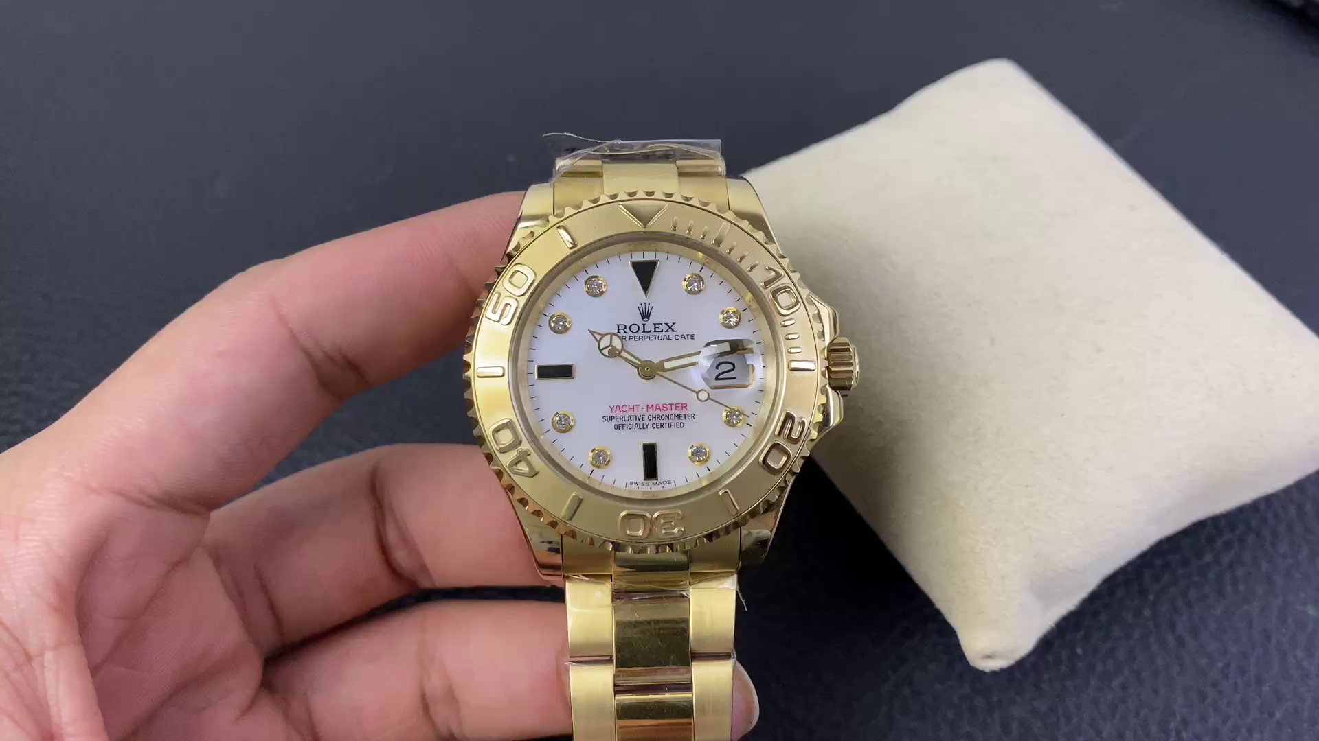 Replica Rolex Yacht Master 168628 White Mother of Pearl Diamond Dial Yellow Gold Case 35mm Women's Watch - QualitySwissReplica
