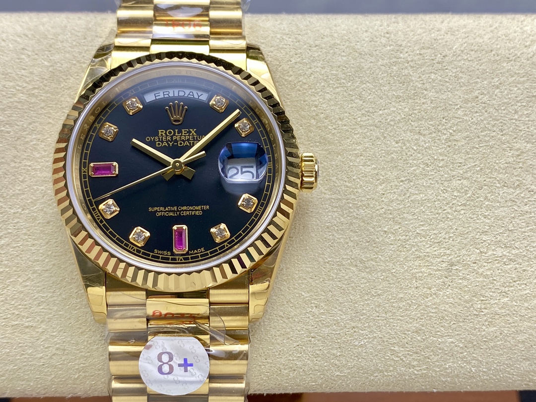 Replica Rolex Day Date 118238 Black Diamond Dial Fluted Bezel 36mm Mens Watch - QualitySwissReplica