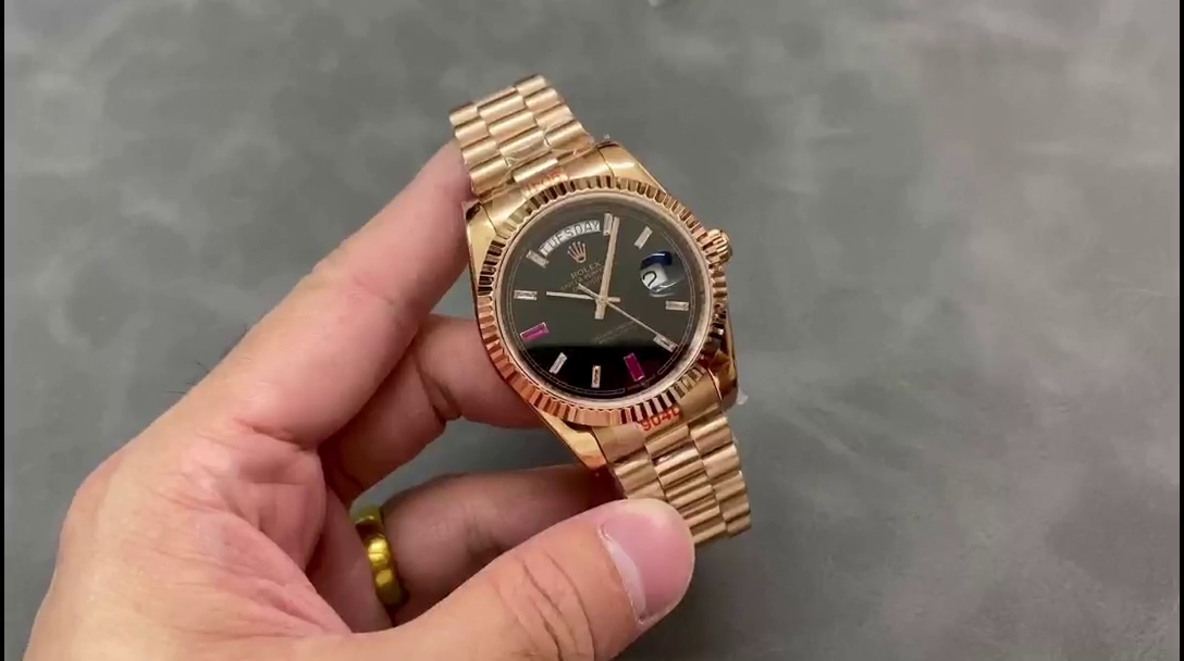 Replica Rolex Day-Date 218235 Diamonds and Rubies Black Dial Rose Gold 41MM Mens Watch - QualitySwissReplica