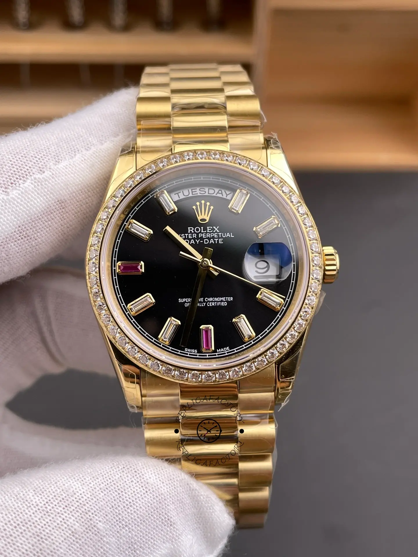 Replica Rolex Day Date 118348 Black Diamond Dial 36mm Unisex Watch - QualitySwissReplica