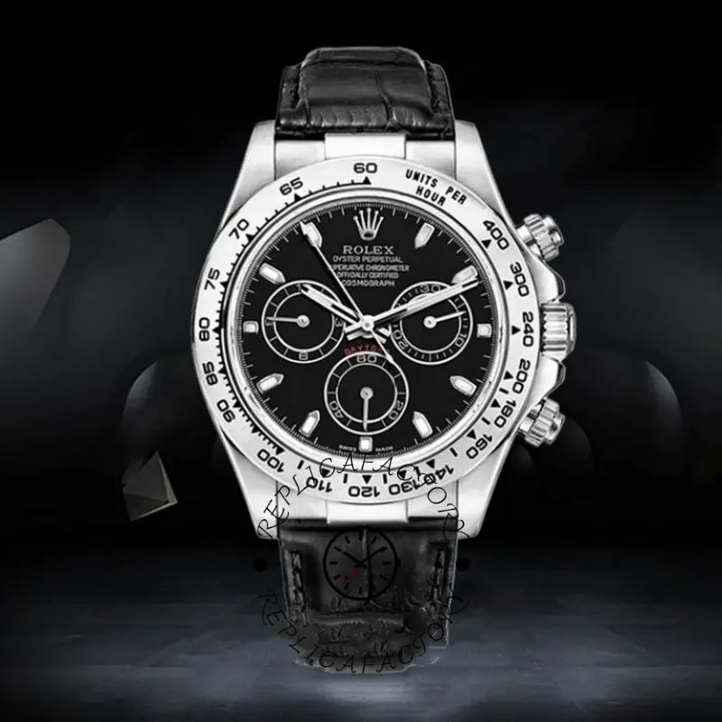 Replica Rolex Daytona 116519 Black Leather strap Black Dial 40mm Mens Watch - QualitySwissReplica