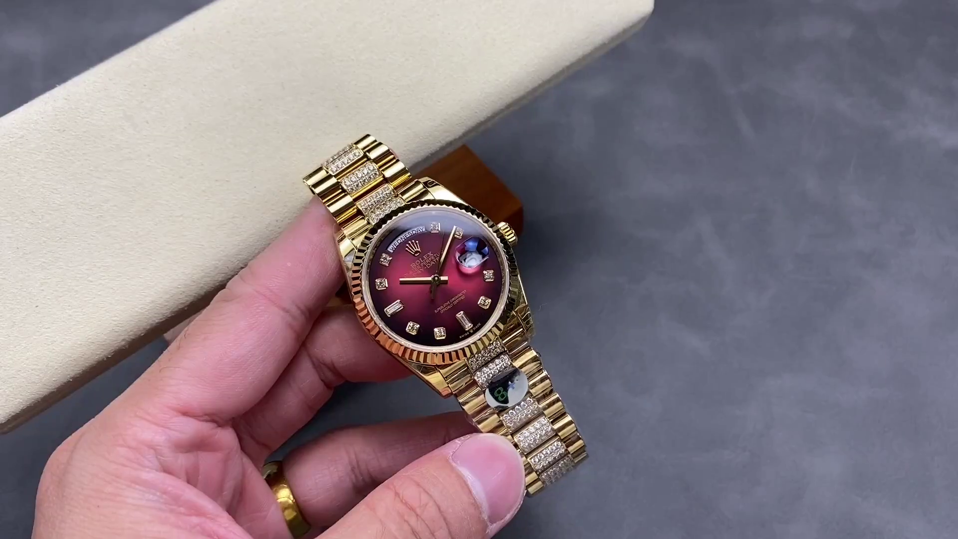 Replica Rolex Day-Date Dark Red Dial 128238 Women's Gold Watch - QualitySwissReplica