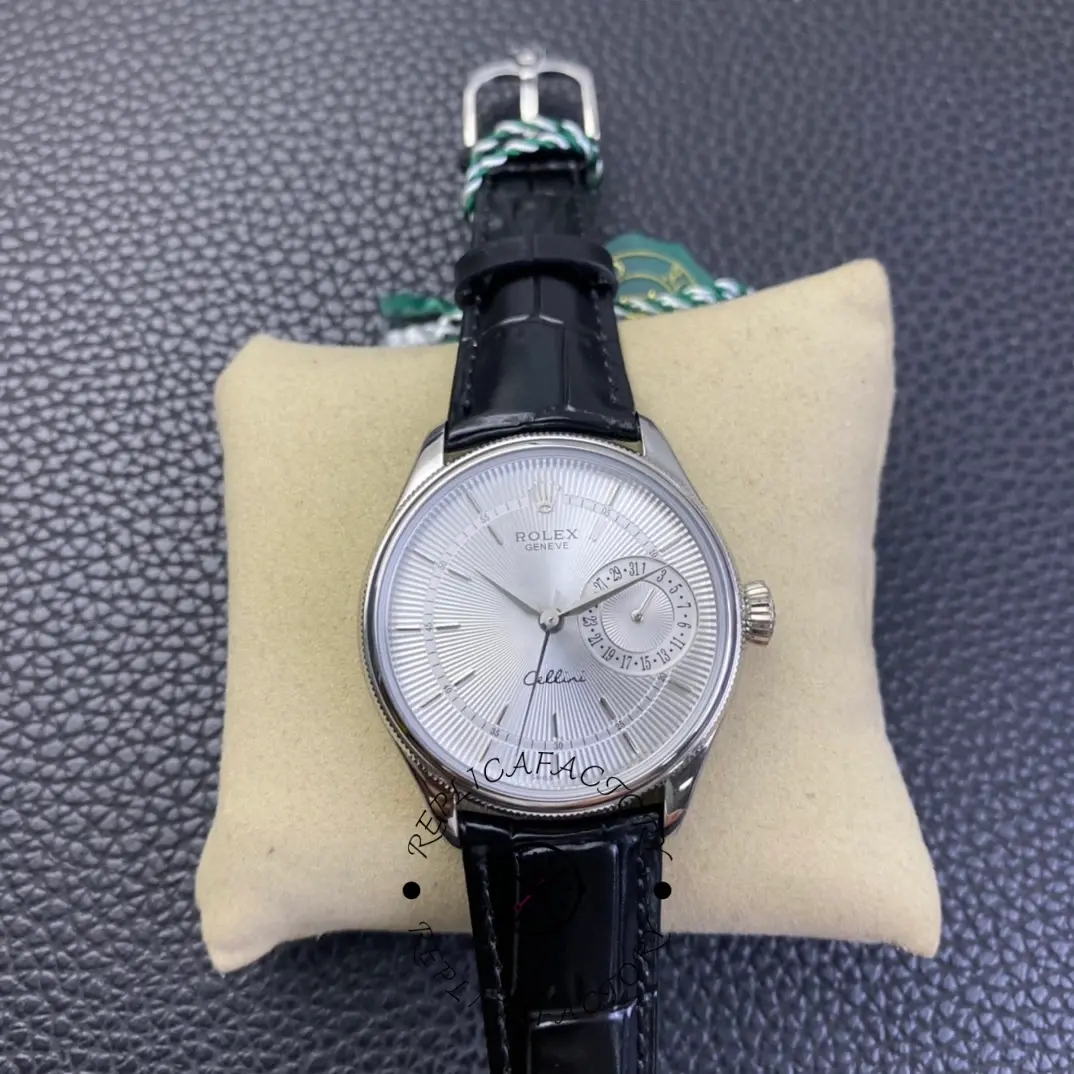 Replica Rolex Cellini Date 50519 Black Leather Silver Dial 39mm Mens Watch - QualitySwissReplica