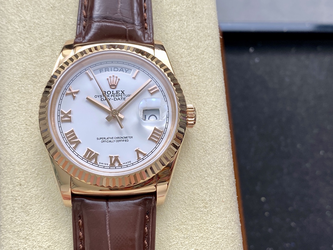 Replica Rolex Day Date 36 White Dial 118135 0064 Brown Leather Watch - QualitySwissReplica