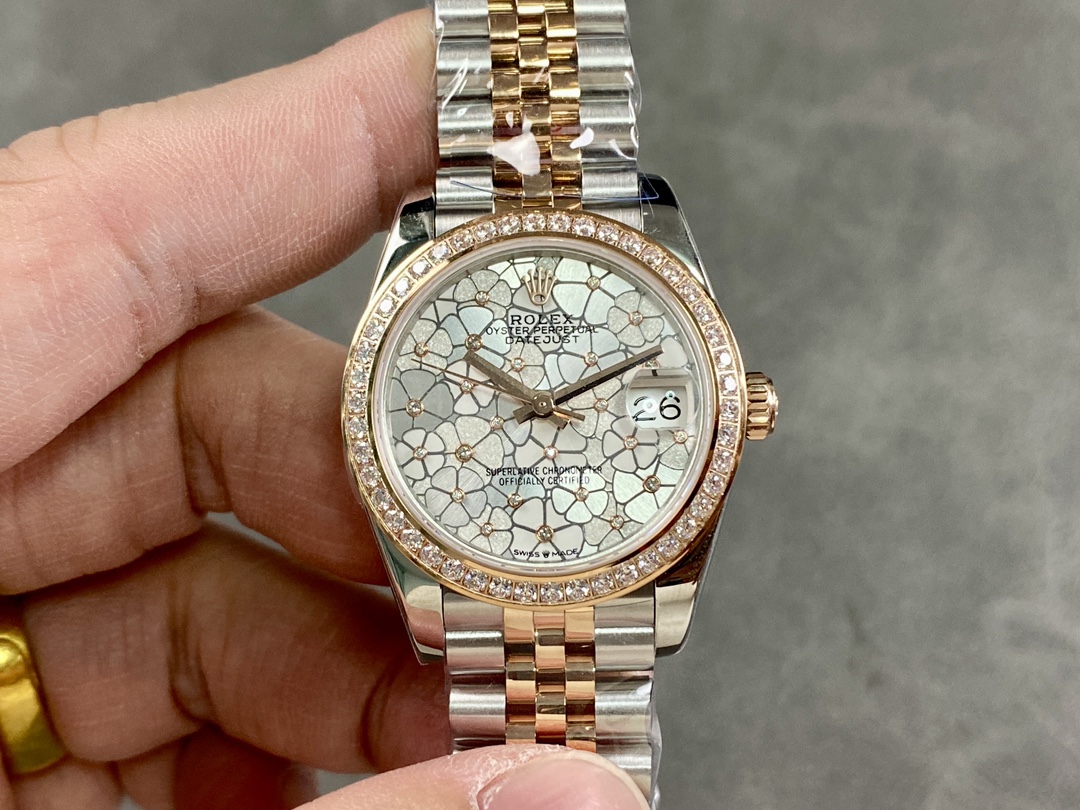 Replica Rolex Datejust 31 Rose Gold Silver Floral Motif Diamond Dial Diamond Bezel m278381rbr 0032 - QualitySwissReplica