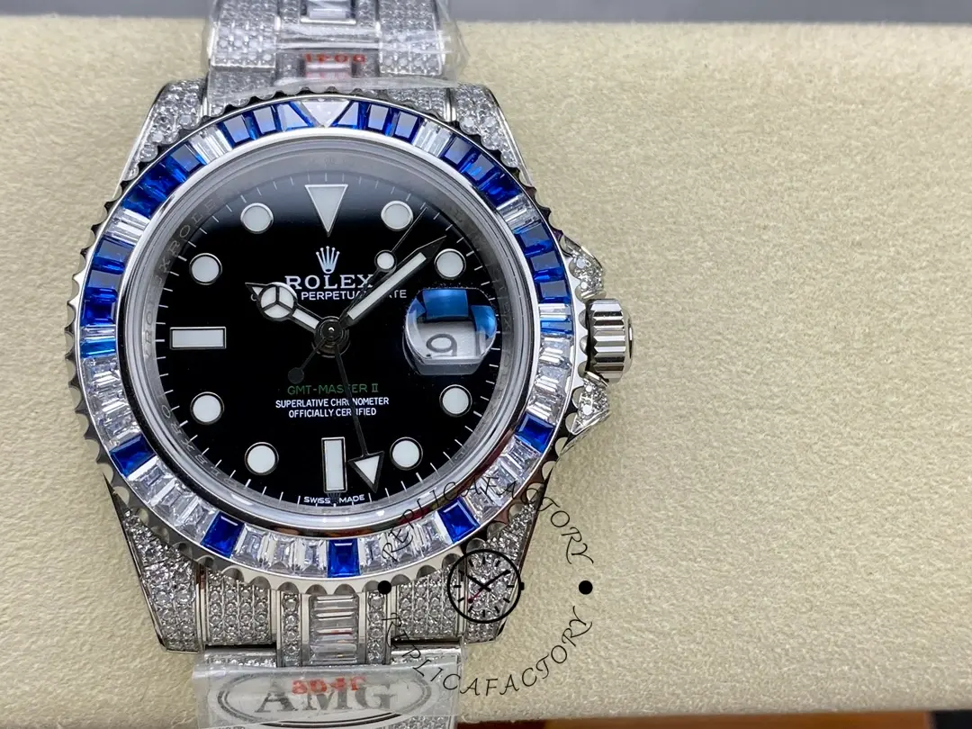 Replica Rolex GMT Master AMG 126710BLRO 40mm With Dual Time Black Dial Diamond Watch - QualitySwissReplica
