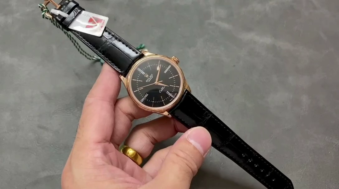 Replica Rolex Cellini Time 50505 Black Leather Strap Black Dial 39mm Mens Watch - QualitySwissReplica