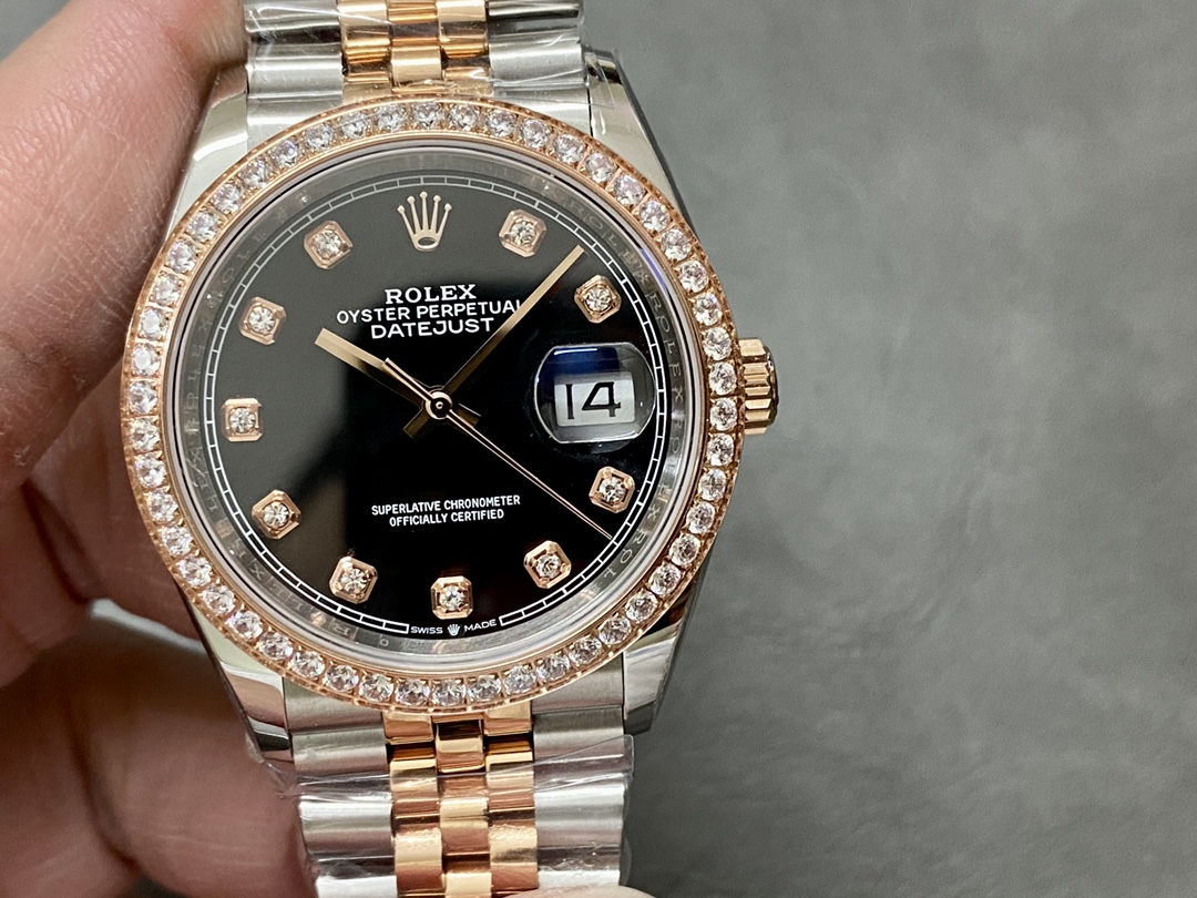 Replica Rolex Datejust 36 Steel & Everose Gold Black Dial Diamond Bezel m126281rbr 0007 - QualitySwissReplica