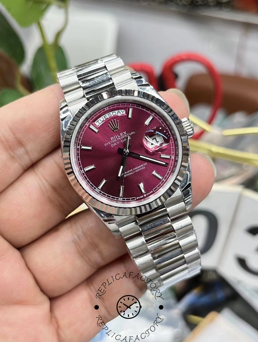Replica Rolex Day-Date 118239 Cherry Red Dial Fluted Bezel 36mm Lady Watch - QualitySwissReplica