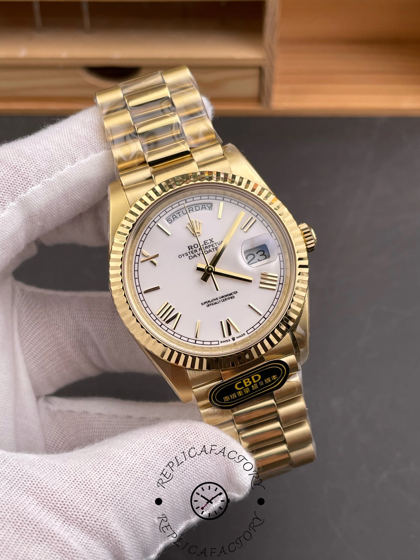 Replica Rolex Day-Date 228238 White Roman Dial Fluted Bezel 40mm Mens Watch - QualitySwissReplica