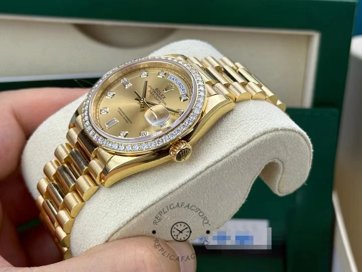 Replica Rolex Day-Date 128348RBR Champagne Diamond Dial Yellow Gold 36MM Unisex Watch - QualitySwissReplica