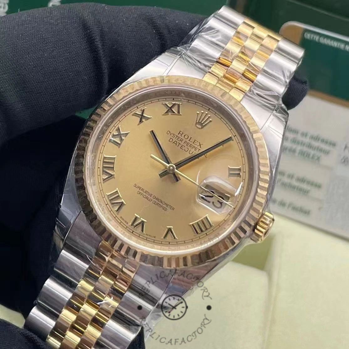 Replica Rolex Datejust 116233 0147 Rolesor Yellow Champagne Roman Dial 36mm Clone Watch - QualitySwissReplica