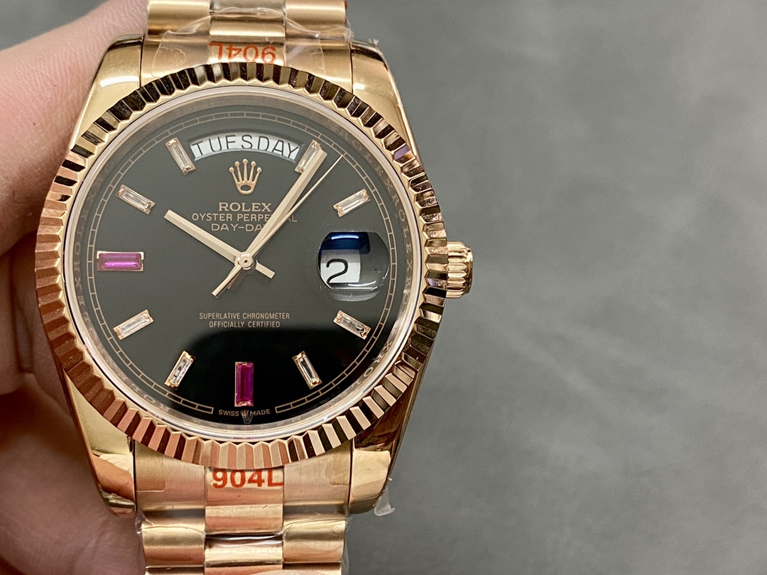Replica Rolex Day-Date 218235 Diamonds and Rubies Black Dial Rose Gold 41MM Mens Watch - QualitySwissReplica