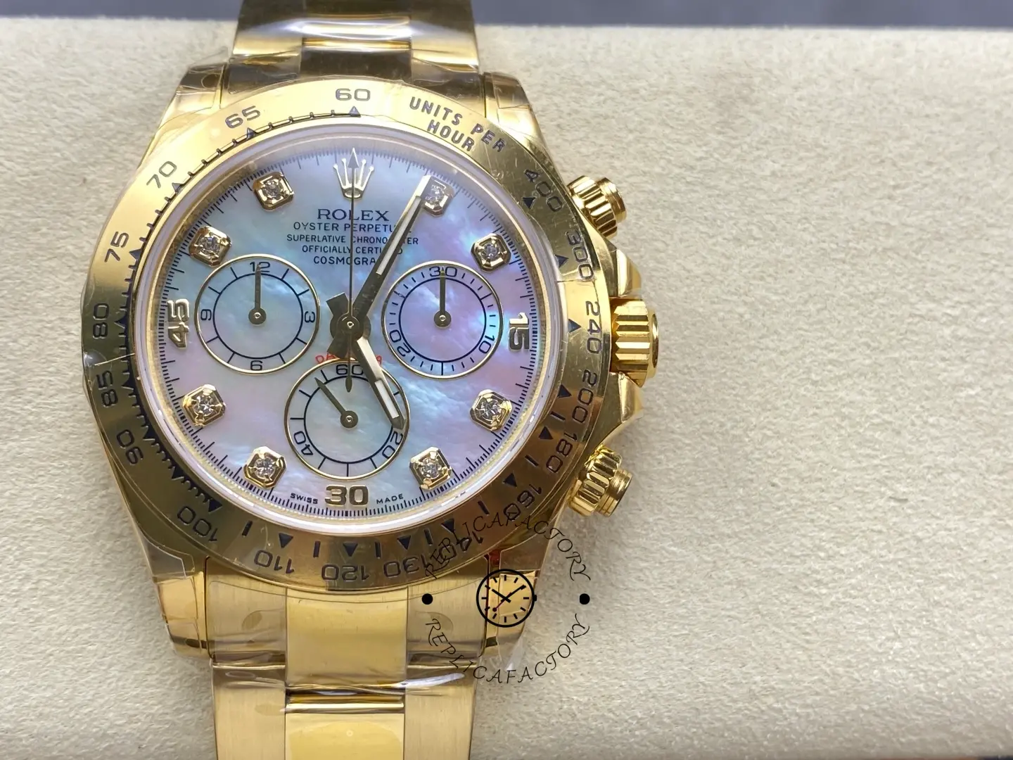 Replica Rolex Daytona 116528 Yellow Gold Mother of Pearl Diamond Dial 40mm Mens Watch - QualitySwissReplica