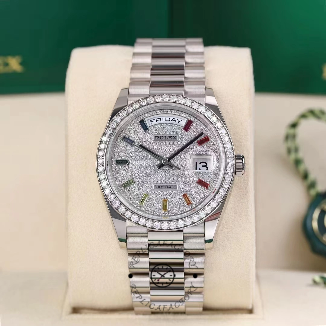 Replica Rolex Day Date 36mm White Gold 128349RBR 0006 Pave Rainbow - QualitySwissReplica