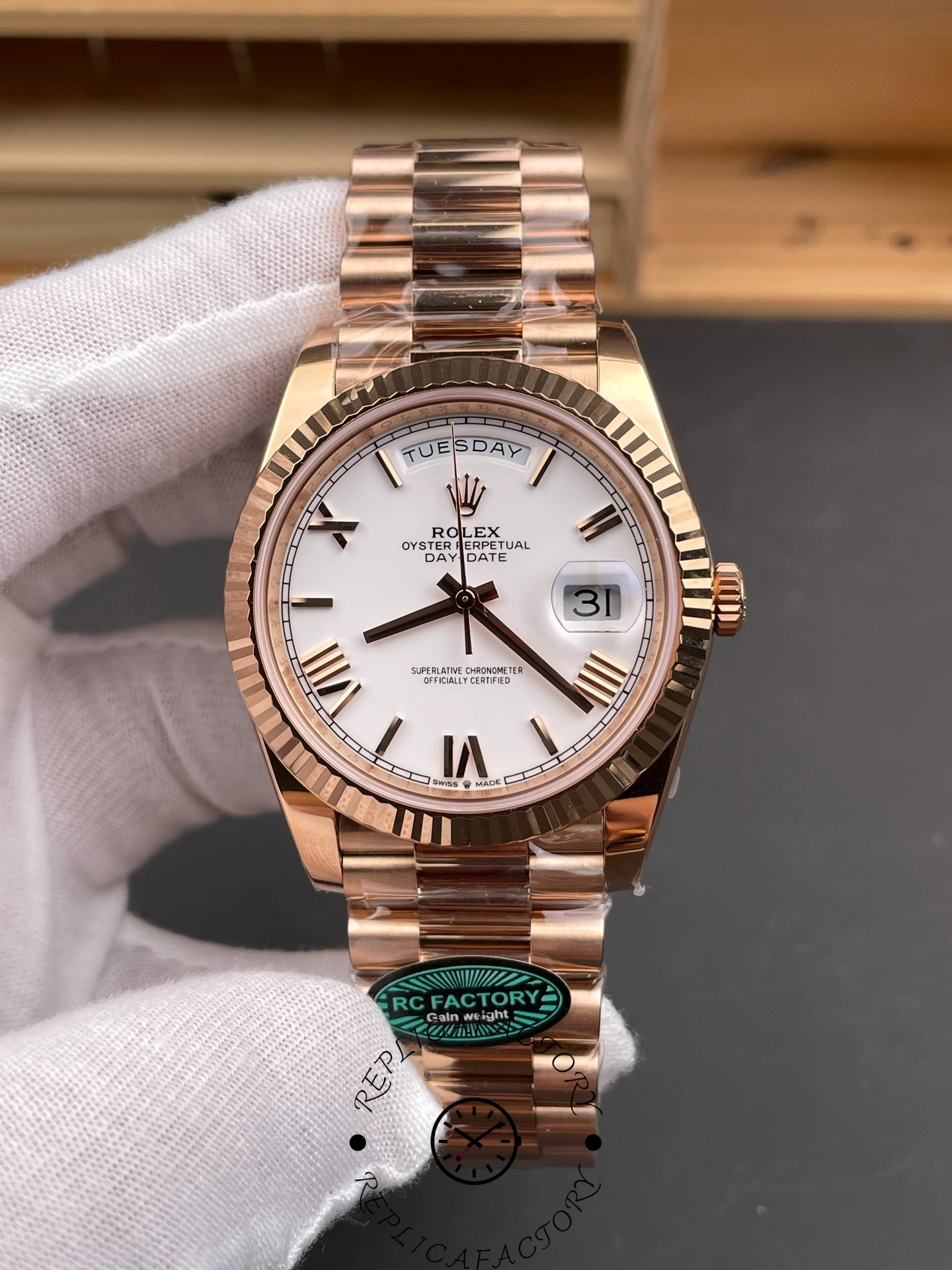 Replica Rolex Day-Date 228235 White Roman Numeral Dial Fluted Bezel 40mm Mens Watch - QualitySwissReplica