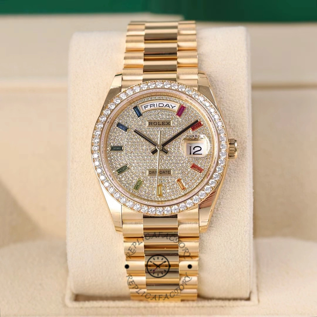 Replica Rolex Day Date 36mm Yellow Gold 128348RBR 0030 Pave Rainbow Diamonds Sapphires Dial - QualitySwissReplica