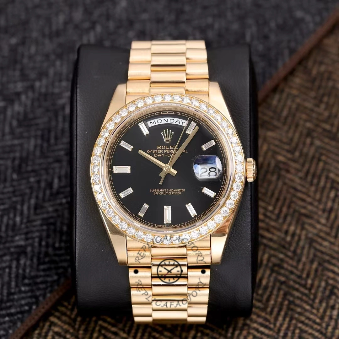 Replica Rolex Day-Date 228348RBR 0039 Black Diamond Dial Diamond Bezel 40mm Mens Watch - QualitySwissReplica