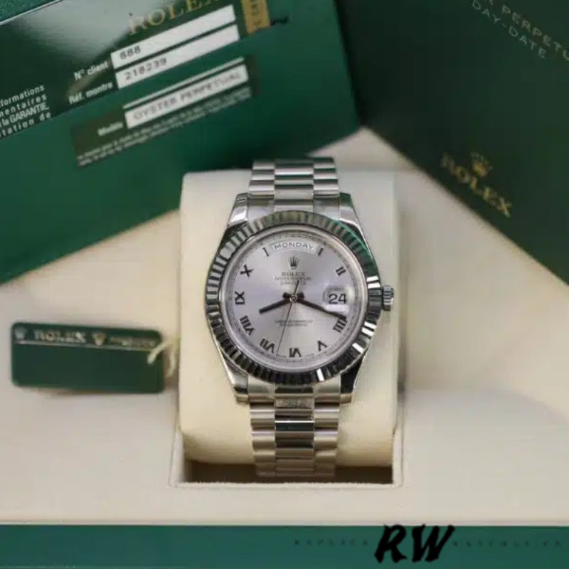 Replica Rolex Day-Date 218239 Silver Roman Numerals Dial White Gold 41MM Mens Watch - QualitySwissReplica