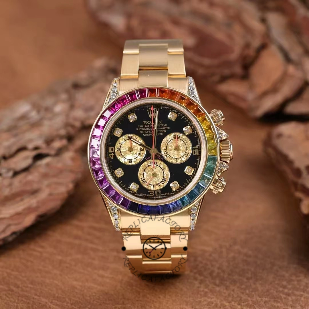Replica Rolex Daytona 116598 Yellow Gold Black Diamond Dial 40MM Mens Watch - QualitySwissReplica