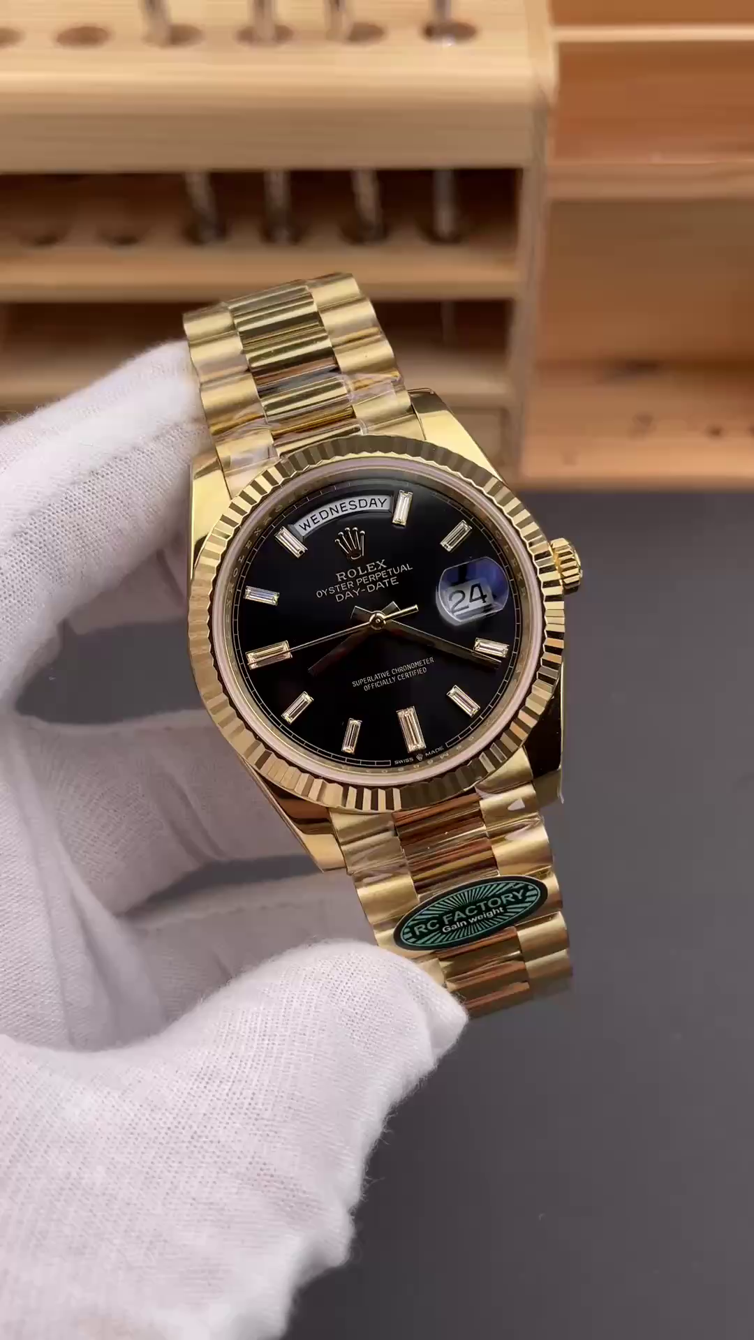 Replica Rolex Day-Date 228238 0004 Black Diamond Dial Fluted Bezel 40mm Mens Watch - QualitySwissReplica